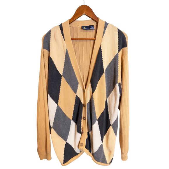 Vintage 90s Lizsport Tan Gray Argyle Knit Cotton Cardigan Sweater Large - Picture 6 of 9